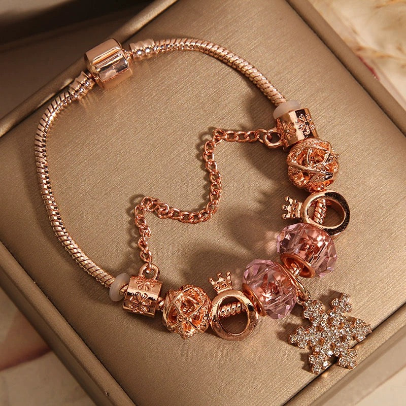 【B0119】Pink Crystal Bracelet Rose Gold Snowflake Charm Bracelet