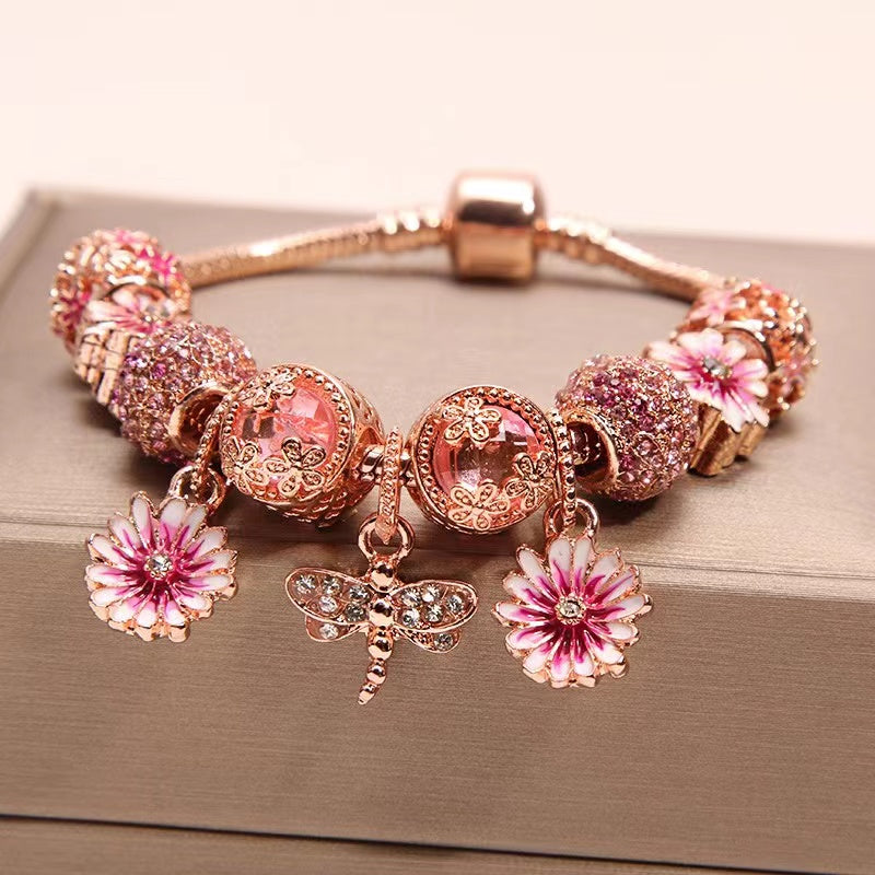 【B0104】Romantic small daisy dragonfly rose gold bracelet