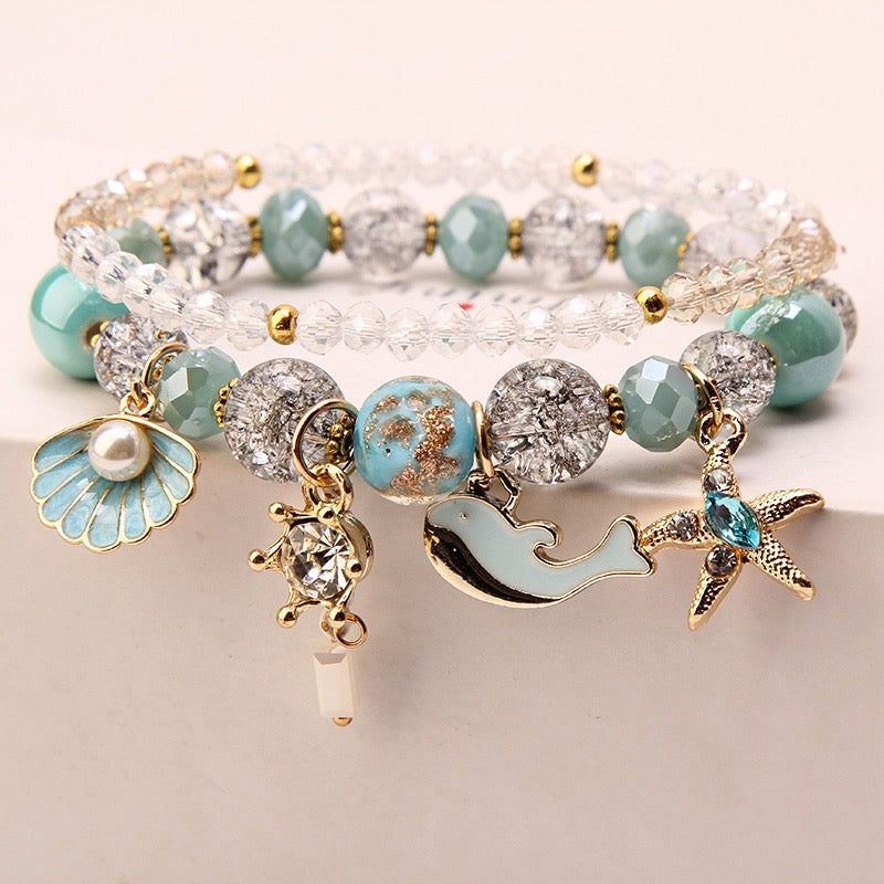 【B0097】Natural freshwater pearl braceletMarine style dolphin shell crystal bead bracelet